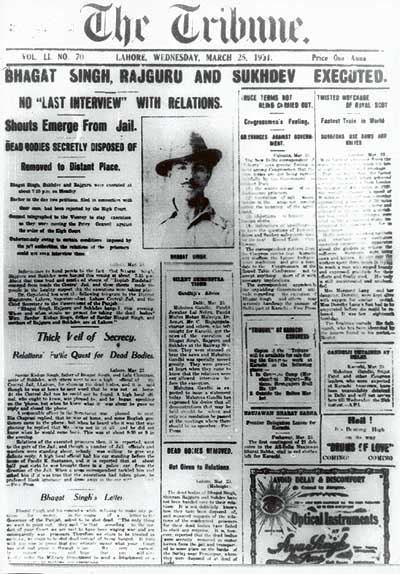 Front page of The Tribune, Lahore, 25 March 1931, announcing the executions